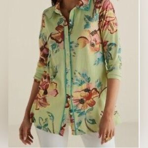 Soft Surroundings Green Floral Print  Elena Top